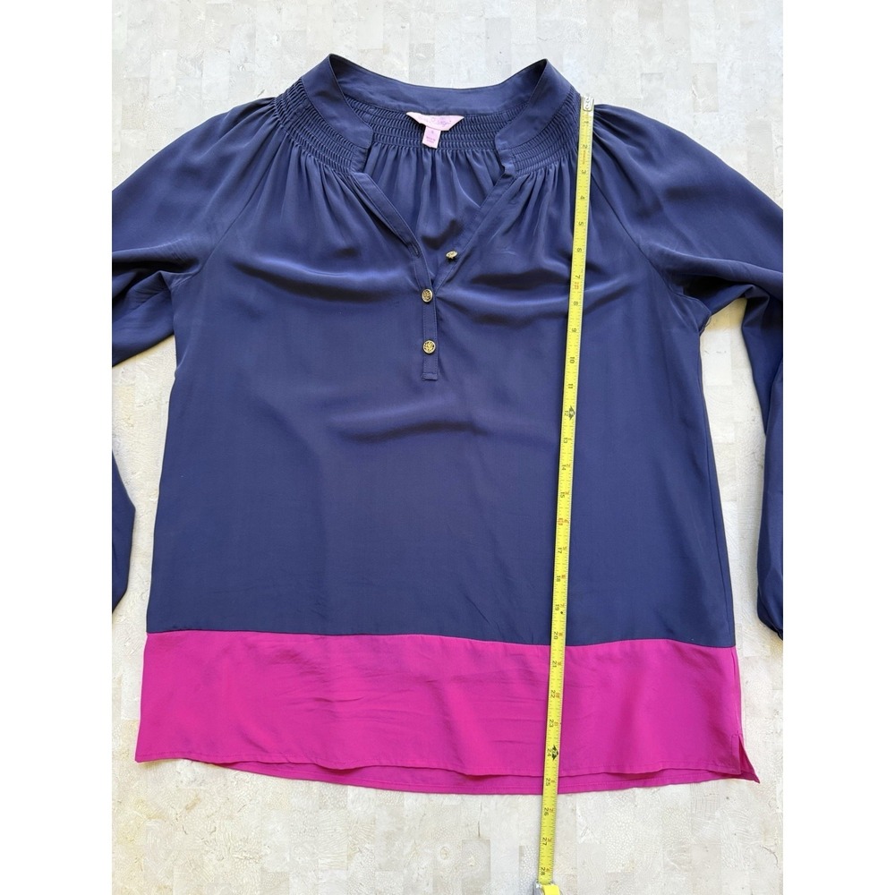 Lilly Pulitzer SILK Navy Pink Elsa Color Block Blouse Shirt Preppy Boho Sz S - Picture 4 of 6